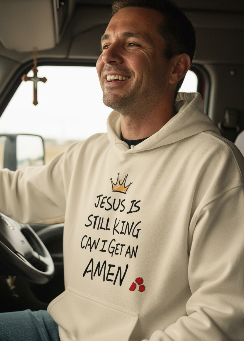 Unisex Christian hoodie featuring "Jesus is Still King - Amen" slogan in dark cream, casual pullover sweatshirt by MotherMindset.