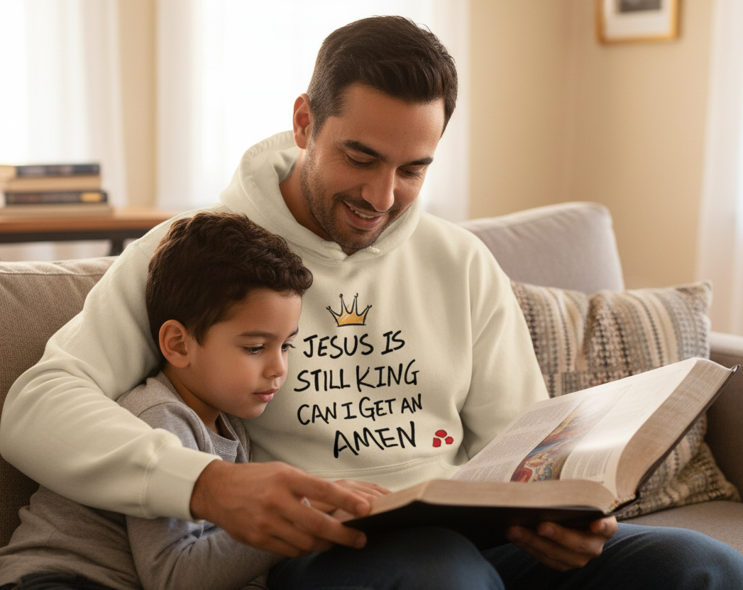 Unisex dark cream Christian hoodie with "Jesus is Still King - Amen" printed on the front, by MotherMindset.
