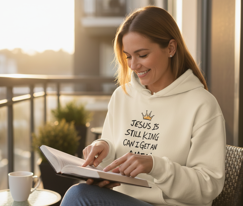 Unisex dark cream Christian hoodie with "Jesus is Still King - Amen" print, featuring a front design and comfortable pullover style.