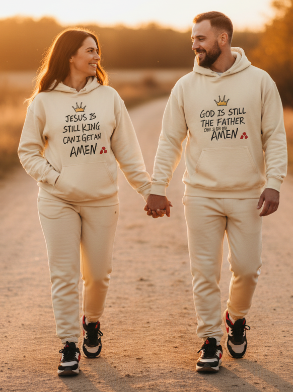 Unisex dark cream Christian hoodie with "Jesus is Still King - Amen" text and Faith design, from MotherMindset.
